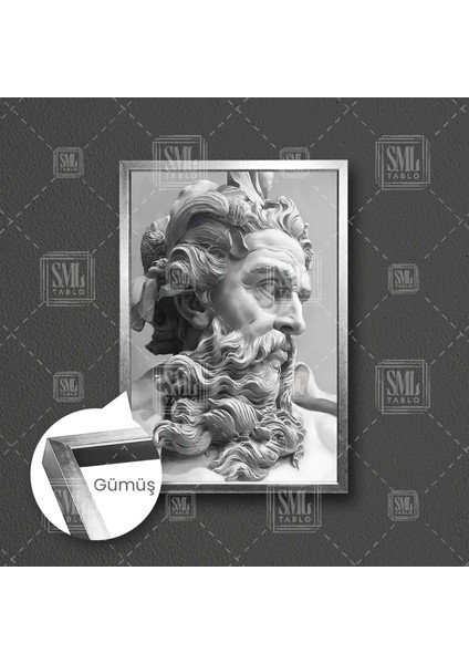 Zeus Heykeli Yunan Mitolojisi Taş Mermer Dekoratif Çerçeveli Dikey Kanvas Tablo