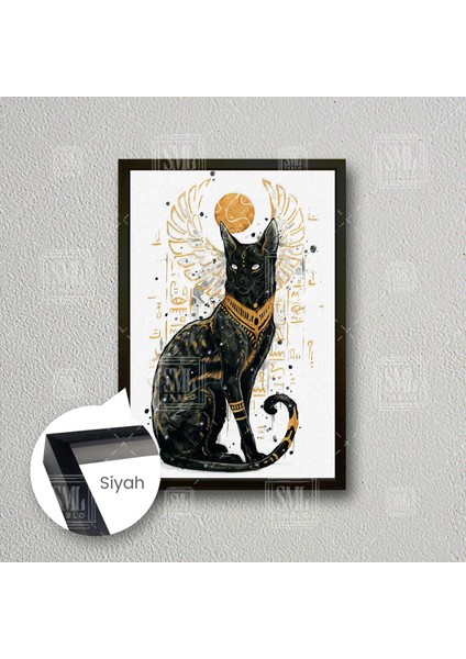 Gold Detaylı Antik Mısır Kedisi Astroloji Siyah ve Altın Dekor Çerçeveli Dikey Kanvas Tablo