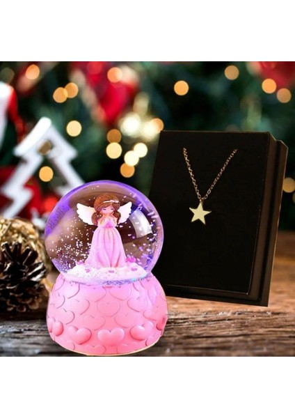 Hediye Yıldız Kolye & Pembe Mini Işıklı Peri Kar Küresi
