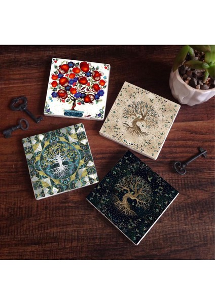 Hayat Ağacı, Nar Ağacı Taş Bardak Altlığı Seti - 4 Parça - Dekoratif, Rustik Mutfak Aksesuarı, 10 x 10 cm , Kaydırmaz Tabanlı, Şık ve Dayanıklı SC209