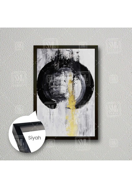 Yuvarlak Çember Içinde Altın Fırça Izi Abstract Modern Sanat Çerçeveli Dikey Kanvas Tablo