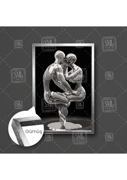 Birbirine Sarılan Öpüşen Metal Çift Zincir Aşk Love Çerçeveli Dikey Kanvas Tablo