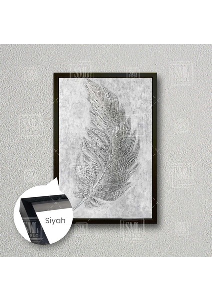 Gri Mermer Efektli Kuş Tüyü Lüks Dekoratif Çerçeveli Dikey Kanvas Tablo