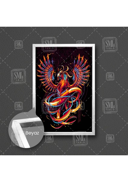 Renkli Anka Kuşu Ilüstrasyonu Phoneix Yeniden Doğuş Çerçeveli Dikey Kanvas Tablo