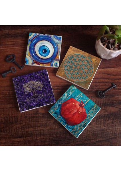 Nazar, Yaşam Çiçeği, Hayat Ağacı, Nar Taş Bardak Altlığı Seti - 4 Parça - Dekoratif, Rustik Mutfak Aksesuarı, 10 x 10 cm , Kaydırmaz Tabanlı, Şık ve Dayanıklı SC464