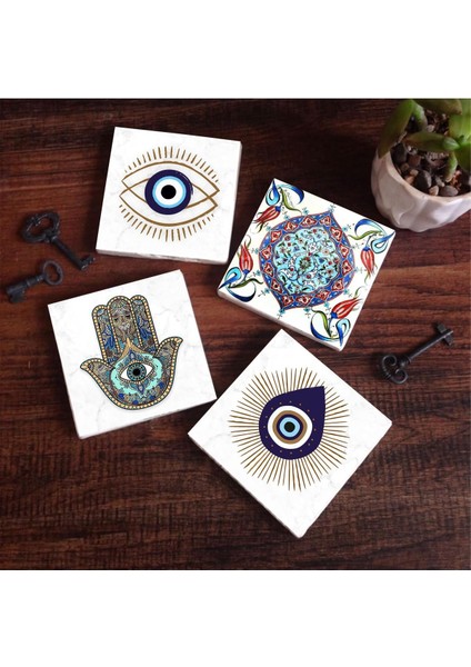 Nazar, Çini Sanatı, Fatma Ana Eli (Hamsa) Taş Bardak Altlığı Seti - 4 Parça - Dekoratif, Rustik Mutfak Aksesuarı, 10 x 10 cm , Kaydırmaz Tabanlı, Şık ve Dayanıklı SC410