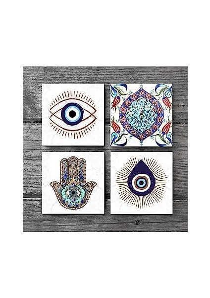 Nazar, Çini Sanatı, Fatma Ana Eli (Hamsa) Taş Bardak Altlığı Seti - 4 Parça - Dekoratif, Rustik Mutfak Aksesuarı, 10 x 10 cm , Kaydırmaz Tabanlı, Şık ve Dayanıklı SC410