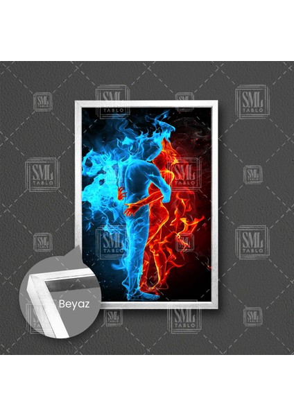 Birbirine Sarılan Su Adam Ateş Kadın Zıtlık Aşk Love Çerçeveli Dikey Kanvas Tablo