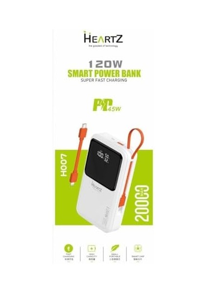 H007 20000 Mh Pd 45W ve USB 120W Fast Hızlı Şarj Dahili Type C ve Lightning Kablolu Dünya Standartlarına Uygun Polymer Batarya Birebir Amper LCD Göstergeli Powerbank