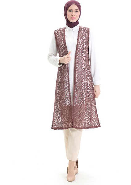 Dantelli Uzun Yelek 8742-02 Gül Kurusu