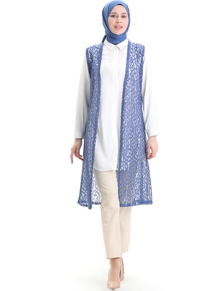 Dantelli Uzun Yelek 8742-03 Mavi