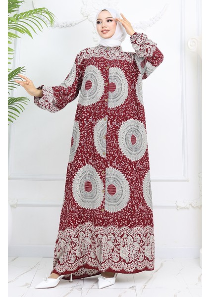 Viskon Kumaş Boydan Düğmeli Desenli Elbise 0047-04 Bordo fiyatları