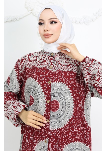 Viskon Kumaş Boydan Düğmeli Desenli Elbise 0047-04 Bordo modelleri