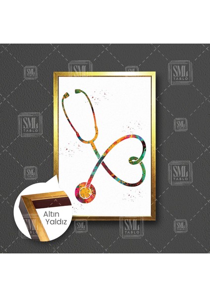 Rengarenk Kalpli Stetoskop Doktor Ofis Muayenehane Dekor Çerçeveli Dikey Kanvas Tablo