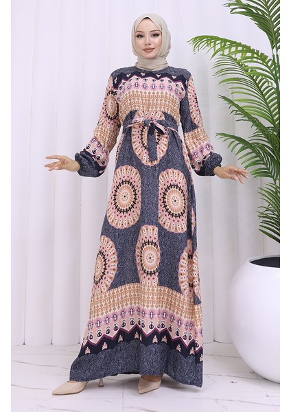 Viskon Kumaş Desenli Kuşaklı Elbise 2032-01 Antrasit Pudra