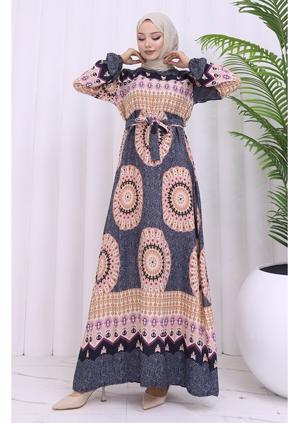 Viskon Kumaş Desenli Kuşaklı Elbise 2032-01 Antrasit Pudra fiyatları