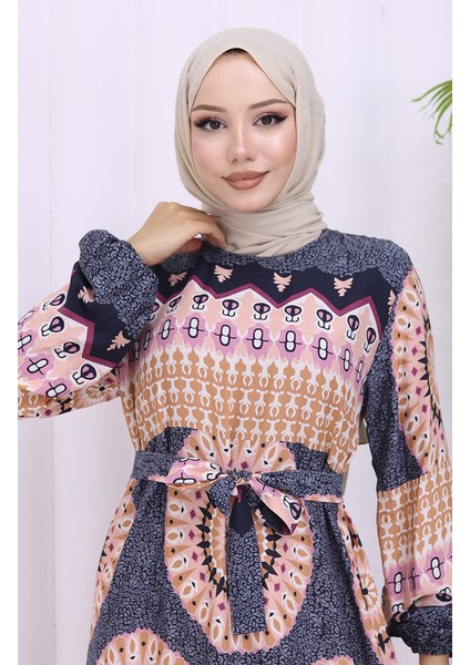 Viskon Kumaş Desenli Kuşaklı Elbise 2032-01 Antrasit Pudra modelleri