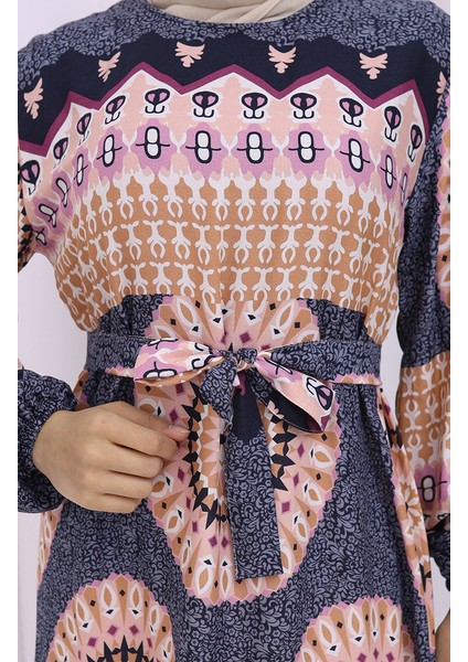 Viskon Kumaş Desenli Kuşaklı Elbise 2032-01 Antrasit Pudra fırsatları