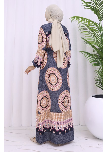 Viskon Kumaş Desenli Kuşaklı Elbise 2032-01 Antrasit Pudra indirimleri