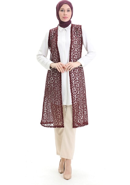 Dantelli Uzun Yelek 8742-04 Bordo