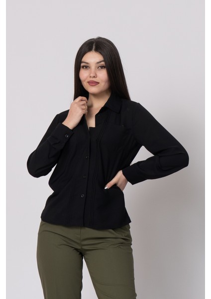 Nervür Dikişli Cepli Şifon Gömlek 7998