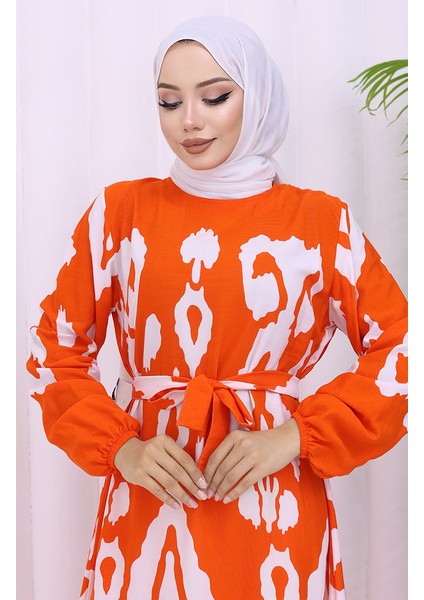 Viskon Kumaş Desenli Kuşaklı Elbise 2033-03 Oranj Beyaz modelleri