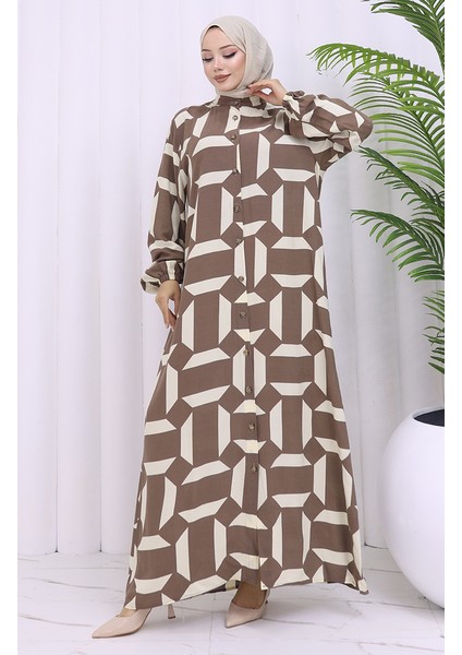 Viskon Kumaş Boydan Düğmeli Desenli Elbise 2030-02 Kahverengi Bej fiyatları