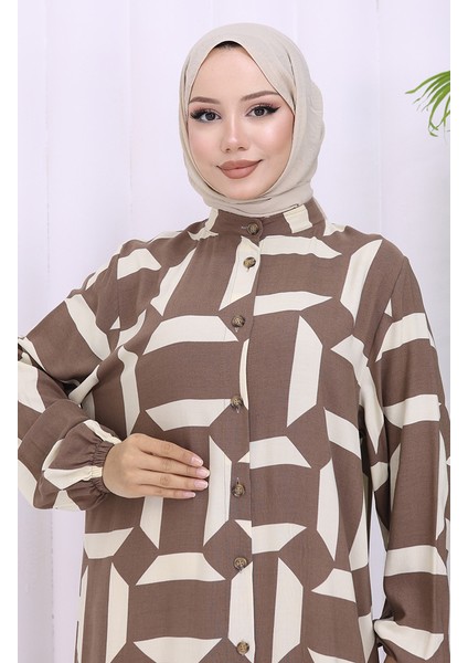 Viskon Kumaş Boydan Düğmeli Desenli Elbise 2030-02 Kahverengi Bej modelleri