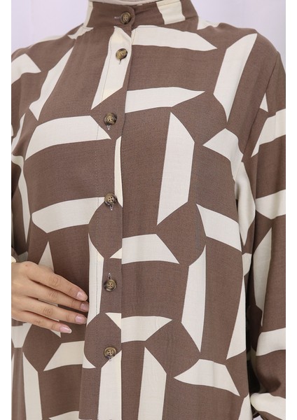 Viskon Kumaş Boydan Düğmeli Desenli Elbise 2030-02 Kahverengi Bej fırsatları