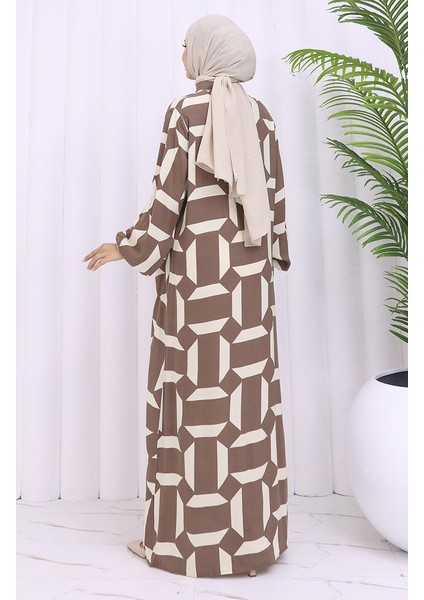 Viskon Kumaş Boydan Düğmeli Desenli Elbise 2030-02 Kahverengi Bej indirimleri