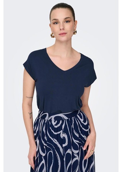 Kadın Onlrılla V Yaka Kısa Kollu T-Shirt 15315776 Ekru