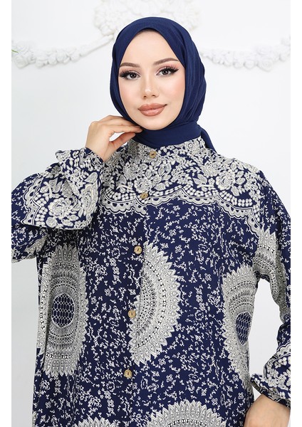 Viskon Kumaş Boydan Düğmeli Desenli Elbise 0047-03 Lacivert modelleri