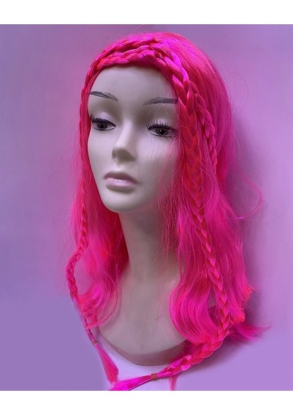 Neon Pembe Renk Örgülü Helen Karakter Peruğu Takma Saç
