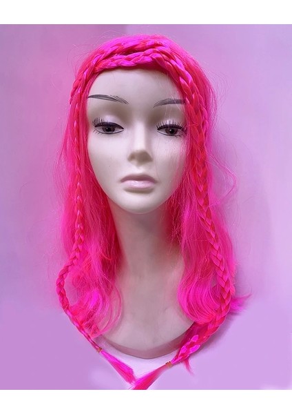 Neon Pembe Renk Örgülü Helen Karakter Peruğu Takma Saç