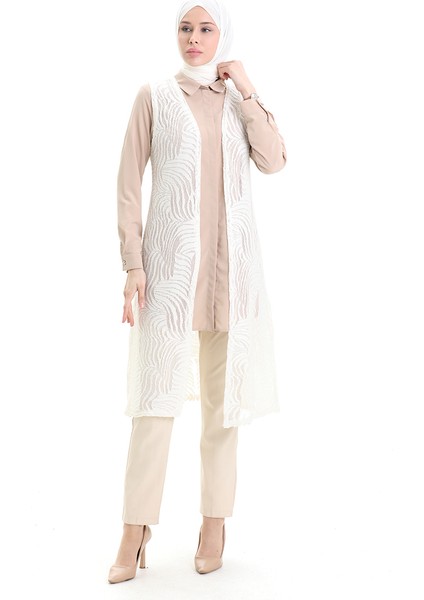 Dantelli Uzun Yelek 8742A-01 Beyaz