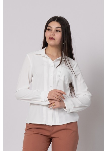 Nervür Dikişli Cepli Şifon Gömlek 7998
