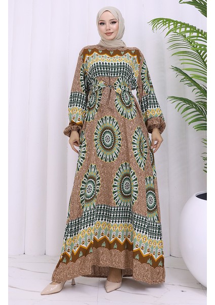 Viskon Kumaş Desenli Kuşaklı Elbise 2032-04 Taba Çağla Yeşili