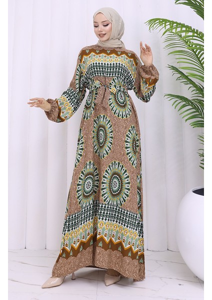 Viskon Kumaş Desenli Kuşaklı Elbise 2032-04 Taba Çağla Yeşili fiyatları