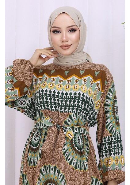 Viskon Kumaş Desenli Kuşaklı Elbise 2032-04 Taba Çağla Yeşili modelleri