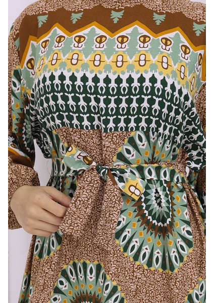 Viskon Kumaş Desenli Kuşaklı Elbise 2032-04 Taba Çağla Yeşili fırsatları