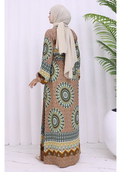 Viskon Kumaş Desenli Kuşaklı Elbise 2032-04 Taba Çağla Yeşili indirimleri