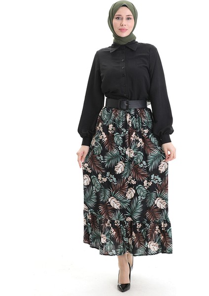 Viskon Kumaş Beli Lastikli Fırfırlı Etek 2012-03 Siyah Sarı
