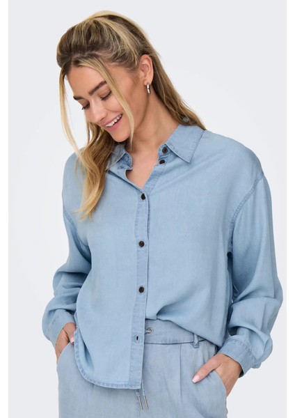 Kadın Onlcharıs Düşük Omuz Oversize Uzun Kollu Gömlek 15337928 Koyu Mavi