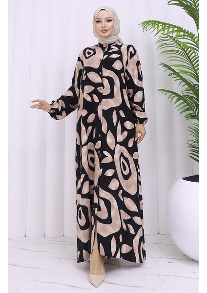 Viskon Kumaş Boydan Düğmeli Desenli Elbise 2029-02 Vizon Siyah