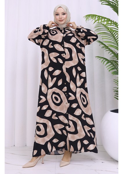 Viskon Kumaş Boydan Düğmeli Desenli Elbise 2029-02 Vizon Siyah fiyatları