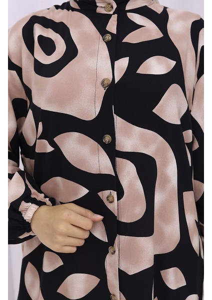 Viskon Kumaş Boydan Düğmeli Desenli Elbise 2029-02 Vizon Siyah fırsatları