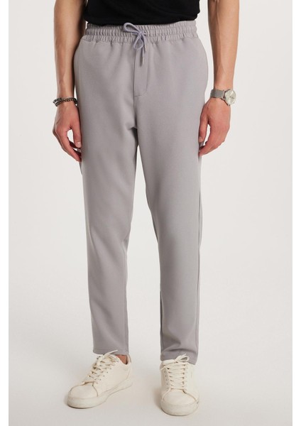 Erkek Beli Lastikli Bağcıklı Jogger gri Pantolon Rahat Kesim Yan Cepli