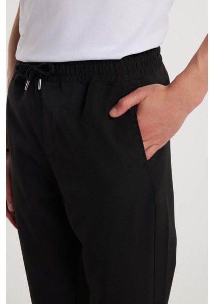 Erkek Beli Lastikli Bağcıklı Jogger siyah Pantolon Rahat Kesim Yan Cepli