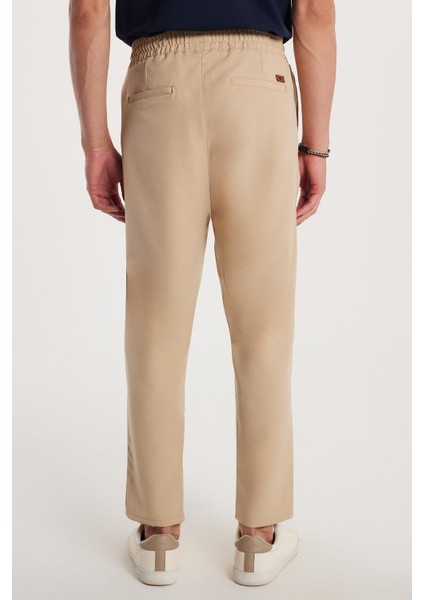Erkek Beli Lastikli Bağcıklı Jogger bej Pantolon Rahat Kesim Yan Cepli