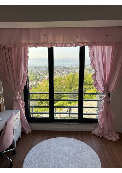 Papatya Nakışlı Pembe Vintage Pamuk Keten Farbela Perde (Boy x En) Pilesiz